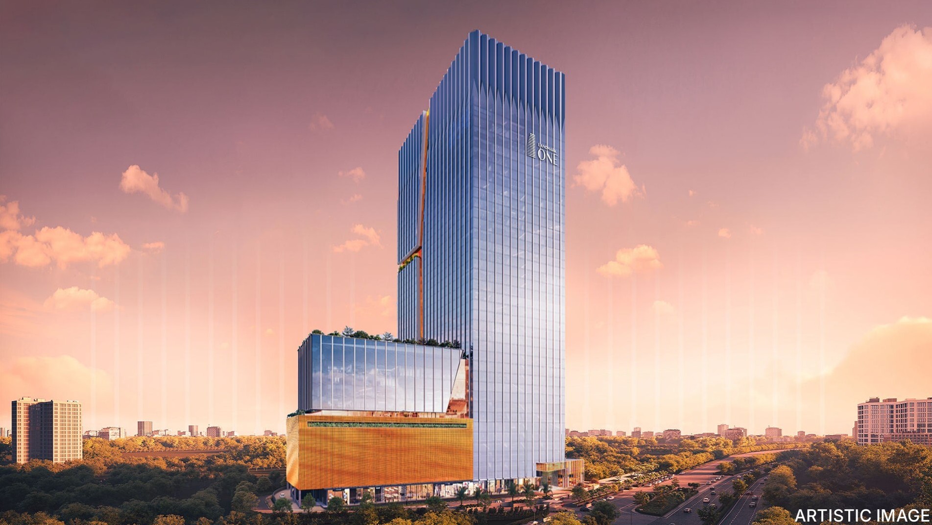 Landmark One illuminated tower architecture